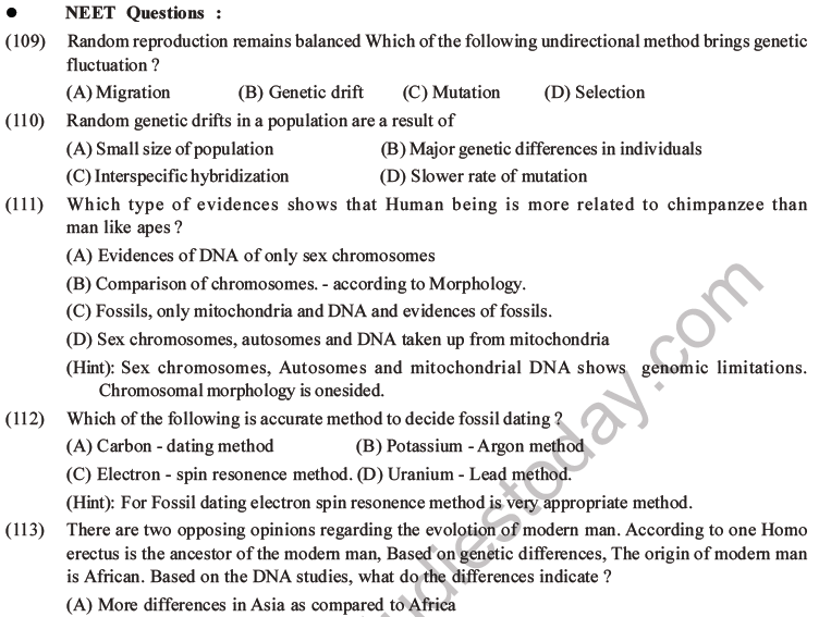 NEET Biology Evolution MCQs Set B, Multiple Choice Questions